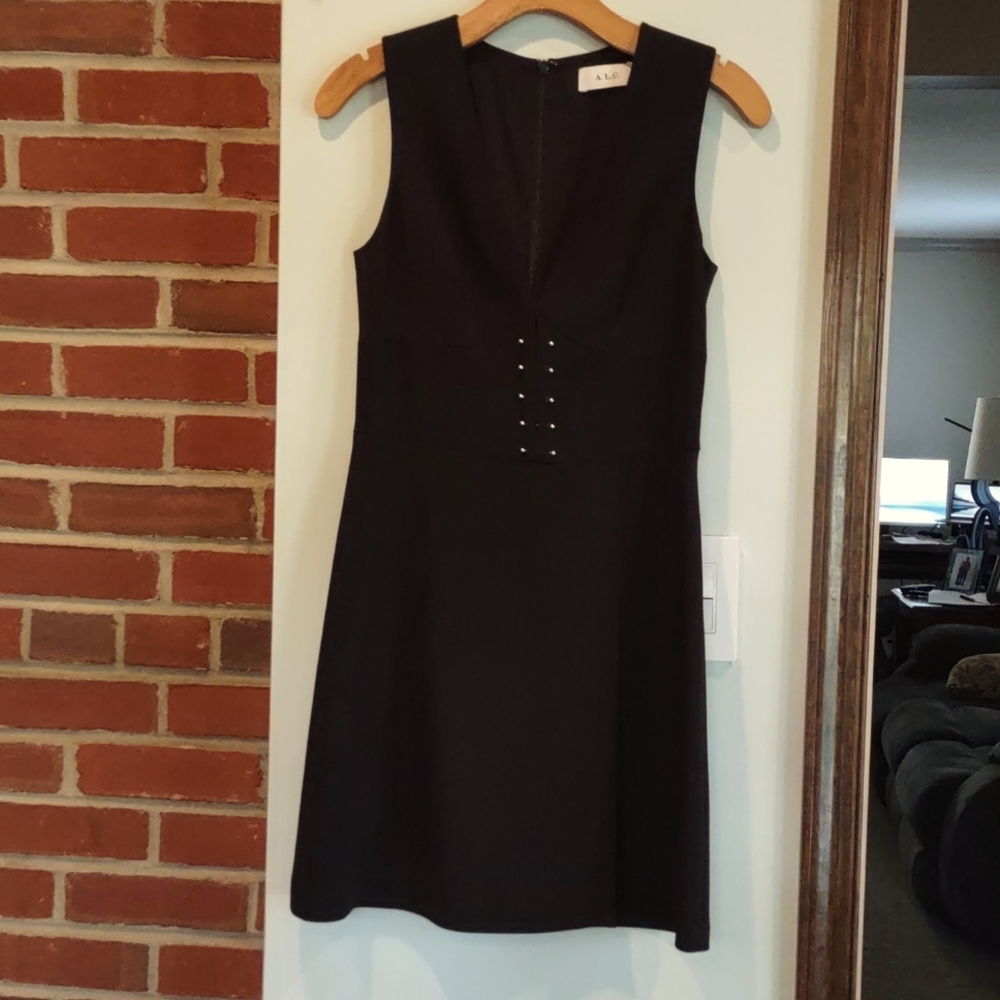 A.L.C. Jacobson black sleeveless deep-v dress. Metal bar detail at waist. Size 2 - Picture 3 of 14